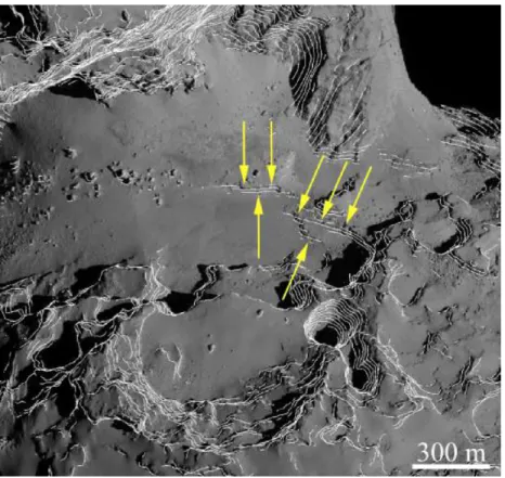 Figure 7. The modelled orientation of the layer traces present on the body and head of 67P identified with white lines