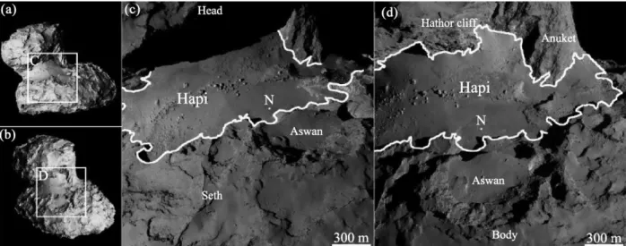 Figure 1. (a) and (b): context images showing where images (c) and (d) were taken. (c) and (d): the Hapi region on 67P outlined with a white boundary
