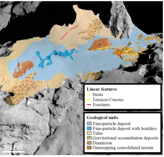 Figure 3. Geological map of Hapi. The linear features and geological units are indicated.