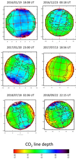 Fig. 2. Examples of disk-integrated spectra of Venus between 1344.8 and 1345.4 cm −1 (7.4 µm) recorded between January 2016 and September 2018.