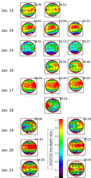 Fig. 4. Maps of the line depth ratio of a weak SO 2 multiplet (around 1345.1 cm −1 ) to the CO 2 transition at 1345.22 cm −1 