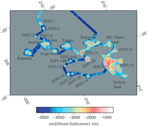 Figure 5. Bathymetry of Lotus and Rurutu. The mask used to separate the different volcanic stages is represented by a dashed line