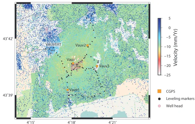 Figure 1: Distribution of InSAR data (mean velocity along the satellite Line Of Sight) over the site of the salt extraction