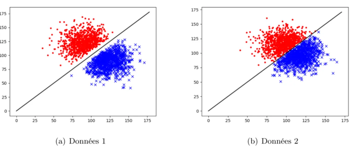 Figure 4 – Résultats obtenus avec la méthode SVM. Les points en couleur rouge correspondent aux données d’entrée dont le label est 1 et ceux en couleur bleue aux données d’entrée dont le label est −1