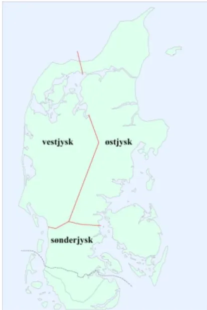 Figur 2: Kort over tre jyske dialektområder (Anette Jensen, Afdeling for Dialektforskning)