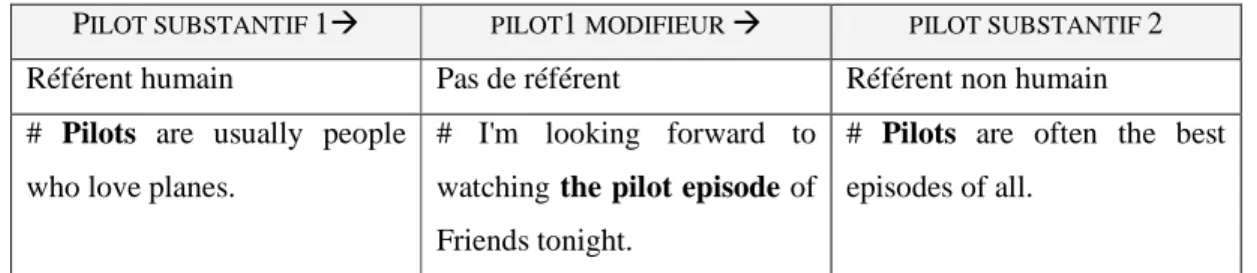 Figure 4: Le substantif pilot et son emploi comme modifieur 