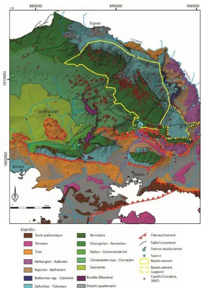 Figure  1-22  Localisation  des  cavités  dans  le  secteur  de  Siou  Blanc  et  aux  alentours  des  sources  de  Dardennes  (inventaire des cavités Lucot and Chardin, 2017)