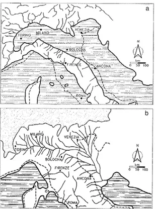 Figure II.2 : Représentation schématique de la zone Adriatique : (a) au Pliocène, entre 5 et 2 millions  d’années avant J.-C