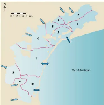 Figure II.7 : Carte montrant la division de la lagune en dix sous-bassins physiquement homogènes
