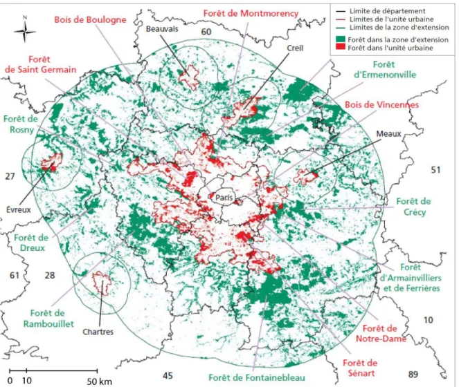 Figure 4 : Adsorption de la forêt de Sénart par la croissance de l’agglomération parisienne  Nota bene : d’après Jean-Paul Amat, communication personnelle (2012)