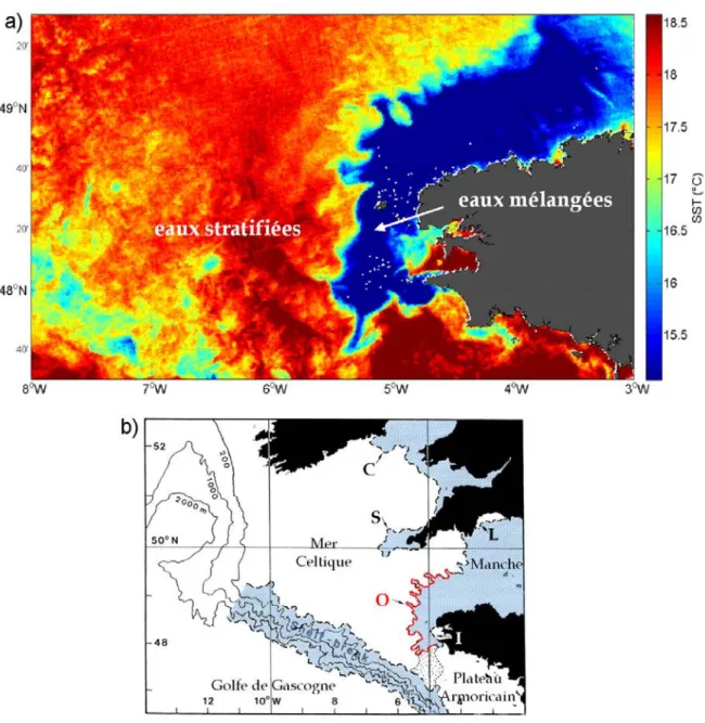 Figure 1.10. Les fronts thermiques de marée en été. (a) Carte de température de surface en Mer  d’Iroise : image infrarouge MODIS (satellite Terra, NASA), acquise le 24/07/12 à 22 :07 :38 UTC