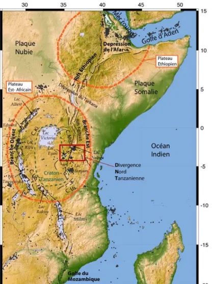 Fig. 1.4: Carte structurale sim- sim-plifiée (trait noirs) du Rift  Est-Africain (modèle numérique de  ter-rain, données GTOPO30, http://