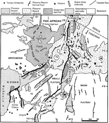 Fig. 1.7: Carte géologique de la Divergence Nord-Tanzanienne (Ebinger et al., 1997). La zone de contact supposée entre le craton archéen et la chaîne protérozoïque Mozambique, éléments du socle (“basement” en anglais), est illustrée par une bande rayée dis
