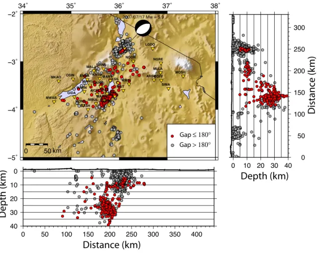 Fig. 2.1: SEISMOTANZ’07 network (yellow triangles) and seismicity recorded during the 6 months of the experiment.