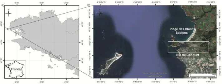 Figure  6.  La  Ria  du  Conquet.  a)  Localisation  géographique  du  site  d’étude.  b)  Vue  aérienne  du  site  (Google  Earth)