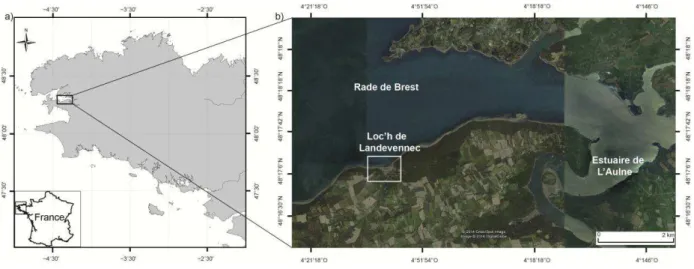 Figure  8. Le Loc’h de Landévennec. a) Localisation,  b) vue aérienne  du site (Google  Earth)