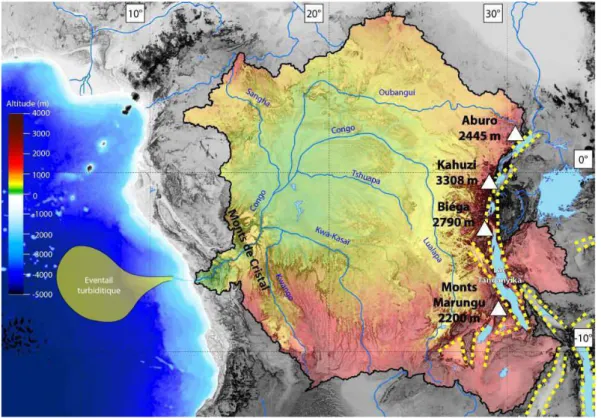 Figure 1  Géographique synthétique du bassin du Congo : le bassin est délimité en noir foncé,  et  les  reliefs  sont  mis  en  valeur  par  un  code  couleur  explicité  sur  la  figure  (à  partir  des  données  d'élévation  altimétrique  Global  Multi-r