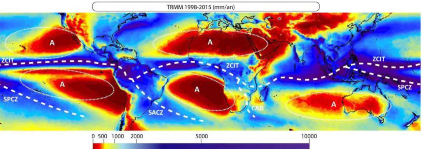 Figure 6 Précipitations annuelles (mm), entre 50°N et 40°S, moyennées sur l’intervalle 1998- 1998-2015 des mesures acquises durant la mission Tropical Measuring Rainfall (TRMM)