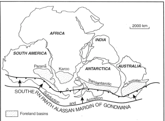 Figure 5a: Late Palaeozoic Gondwana framework and the location of accretionary   foreland basins (Turner, 1999)