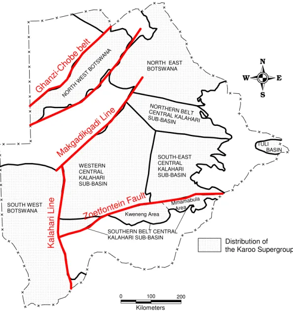 Figure 8: Boundaries to sub-basins of the Kalahari Karoo Basin relative to major   pre-Karoo aeromagnetic interpretation structural elements