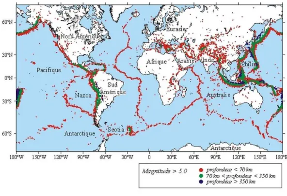 Figure 2.9 – Carte mondiale des s´eismes r´ecents. Source : Institut de Physique du Globe de Paris.