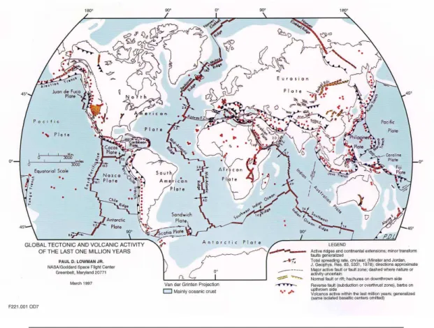 Figure 2.12 – Carte des plaques lithosph´eriques actuelles. Source : NASA, Lowman Jr (1997).