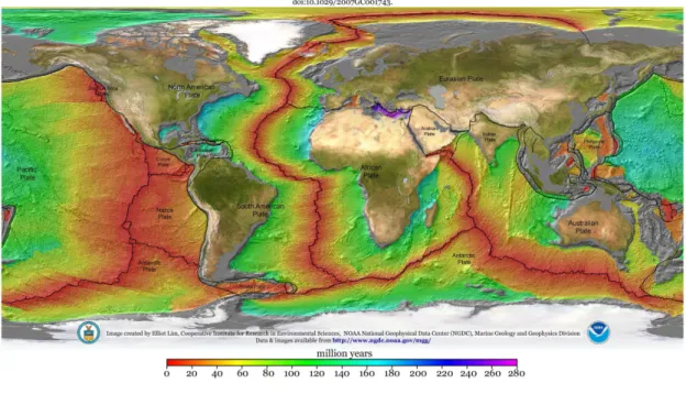 Figure 3.1 – Carte des ˆages du plancher oc´eanique. Source : M¨ uller et al. (2008).