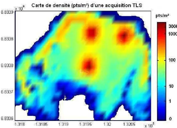 Figure  II.34  :  Carte  de  densité  d’un  nuage  de  points  acquis  à  Porsmilin,  avec  trois mises en station du TLS