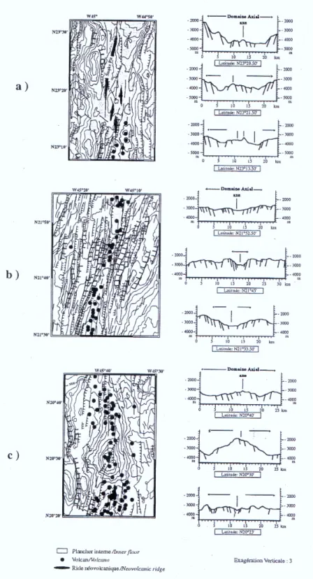 Figure I.9: Les trois grands types de morphologie de la vallée axiale en centre de segment (d'après Durand et al., 1995)