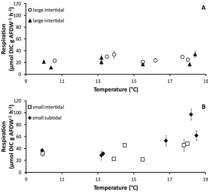 Fig. 15. Relationship between intertidal and subtidal hourly  underwater respiration (dissolved inorganic carbon, DIC) rates  per g biomass (AFDW) and temperature (mean ± SD)