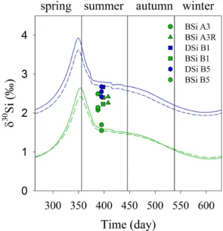 Fig. 5. Seasonal evolution of (A) modelled concentrations of dis- dis-solved silicon (DSi) and biogenic silica (BSi) shown alongside the mixed layer depth (ML) of the model and (B) monthly averaged DSi and BSi from the KERFIX data set (Jeandel et al., 1998