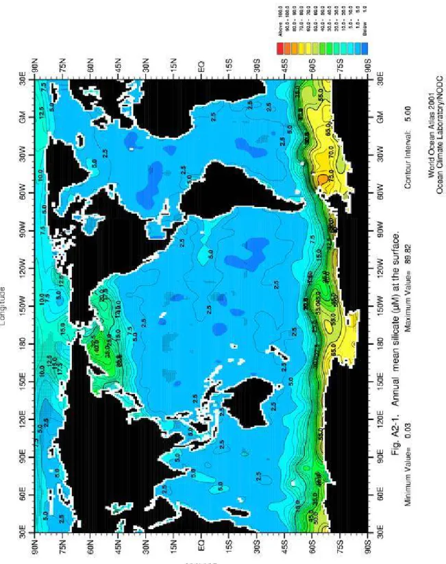 Figure 10: Répartition de la DSi dans l’océan mondial, (a) en surface et (b) à 1750 m