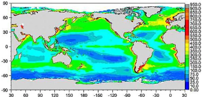 Fig. 1 : Production primaire annuelle du milieu marin (1997 - milieu 2002) en g C m -2  an -1 , projet  SeaWIFS