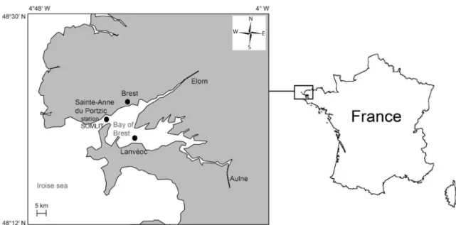 Fig. 8 : Localisation de la rade de Brest (Finistère, France), du site d’échantillonnage à Lanvéoc  (48°17’39’’ N, 4°27’13’’ O), et du site de la station SOMLIT (Service d’Observation en Milieu  LITtoral) à Sainte-Anne du Portzic (48°21’32’’ N, 4°33’07’’ O