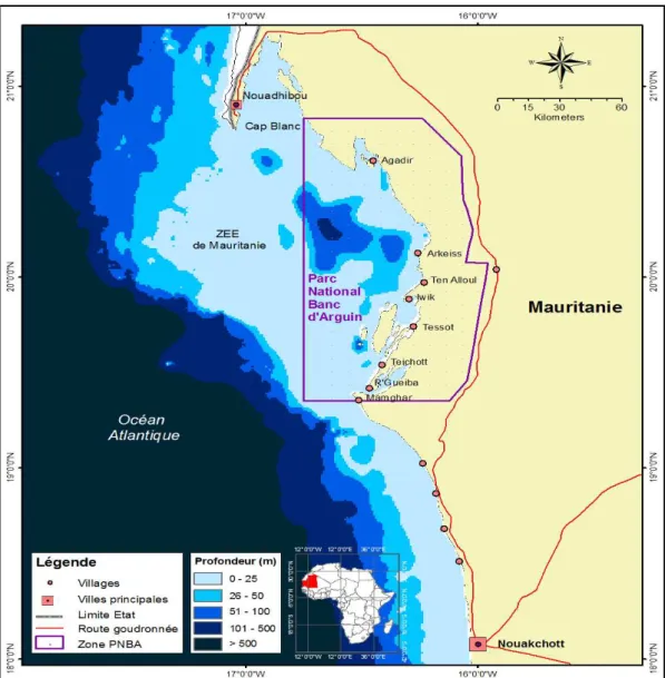 Figure 3 : La zone économique exclusive (ZEE) de la Mauritanie et situation géographique  du Parc National du Banc d‟Arguin (PNBA)