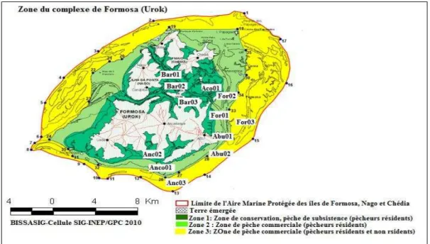 Figure 11 :  Position des 12 stations d‟échantillonnage dans chacune des trois zones de l‟AMP  des îles d‟Urok (So urce : BISSASIG, Guinée-Bissau)