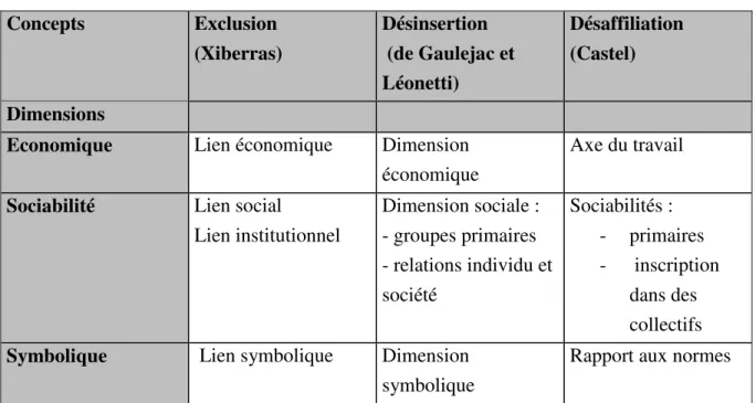 Tableau 1 : Synthèse des concepts 