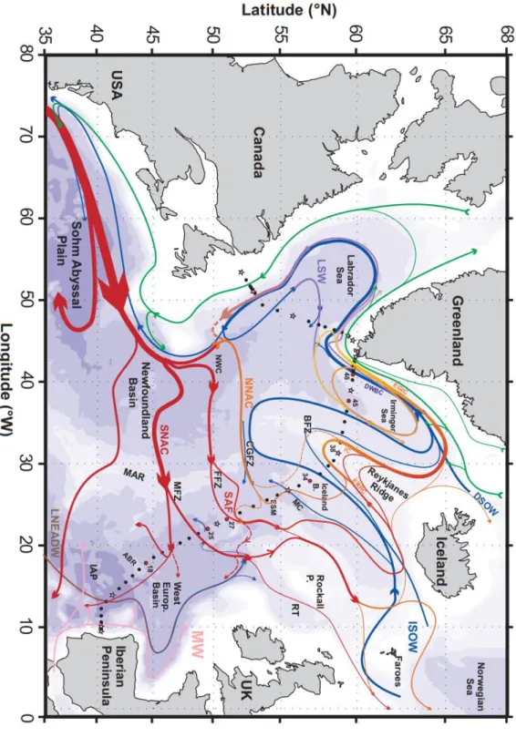 Figure 1.12: Map of the circulation scheme, the major topographical features, main basins, currents and  main water masses of the North Atlantic Ocean