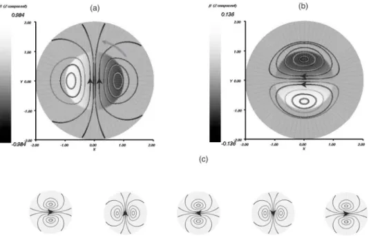 FIG. 2. Expulsion by rotation. 共 a 兲 First order induction; currents are shown as a gray scale, while the lines give selected magnetic field paths; note that a domain of radius 2R, twice the cylinder size, is represented