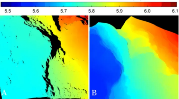 Figure 3. Computed depth maps with the 3D model at UTC – 12:20:54 (left) and at UTC – 12:39:25 (right) as perceived from the Rosetta spacecraft.