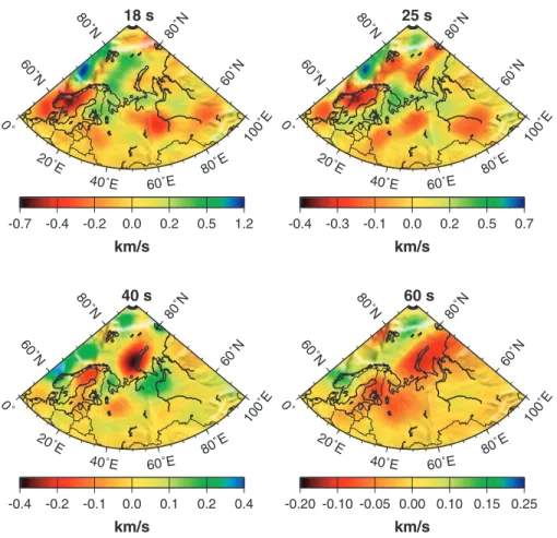Figure 6. Difference between the initial and newly inverted group-velocity maps of Love waves with period of 18, 25, 40 and 60 s (in km s −1 ).