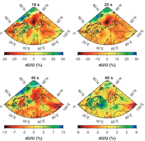 Figure 7. Results of the 2-D inversion for the group velocities of Rayleigh waves with period of 18, 25, 40 and 60 s