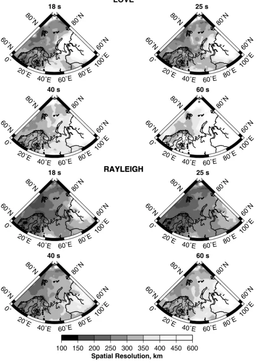 Figure 9. Resolution maps for Love (top) and Rayleigh (bottom) waves for different investigated periods.