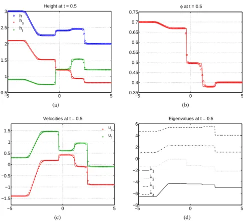 Figure 6: Riemann problem with data (128). Sub-figures (a), (b) and (c): results at t = 0.5 with 100 grid cells (markers) and 1000 cells (continuous line for every variable)