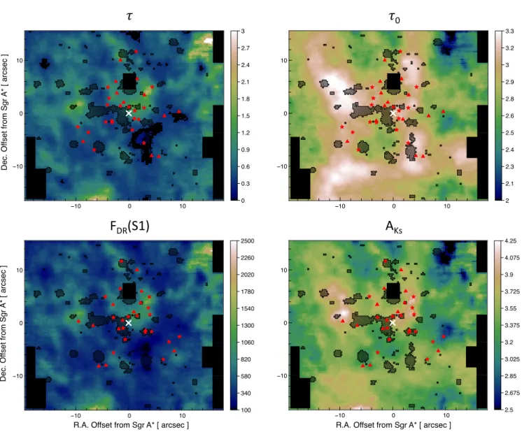 Fig. 5. Top panels: 2D representation of τ (local extinction; left panel) and τ 0 (screen extinction; right panel) obtained through the simplified model