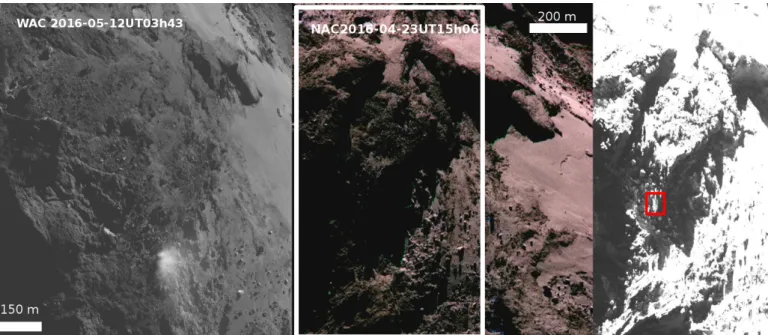 Fig. 10. Left panel: WAC image acquired on 12 May 2016 at UT 03:43 with the F12 filter centered at 630 nm showing an outburst in the Bes region, at the boundary with Imhotep (jets 114 and 115 in Table A.1)