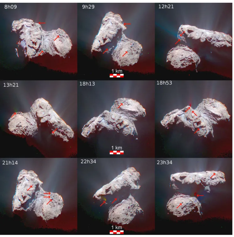 Fig. 2. RGB composite (from the images acquired with filters centered at 882, 649, and 480 nm) of 9 out of the 23 sequences acquired on 30–31 August 2015, two weeks after perihelion passage