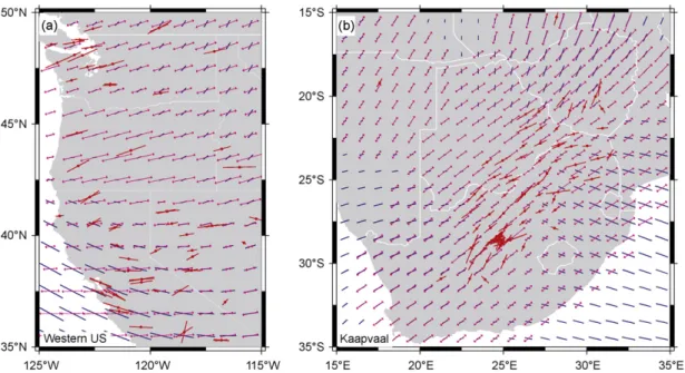 Fig. 8. Map of the predicted (blue), observed (red, with circle marker) and smoothed (magenta with small arrow head) shear wave splitting data in (a) Western US and (b) Kaapvaal Craton where the tomographic model (i.e., predicted splitting) seems to be dom