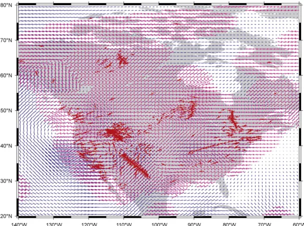 Fig. 12. Map of the predicted (blue), observed (red, with circle marker) and smoothed (magenta with small arrow head) shear wave splitting data in the North America