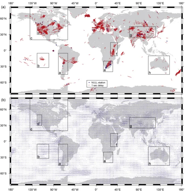 Fig. 2. Global comparison of shear-wave splitting parameters: (a) measured (b) predicted